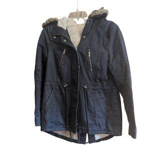 DIVIDED H&M Hooded Winter Jacket Fishtail Parka in Navy Blue Fur Lined, Pockets